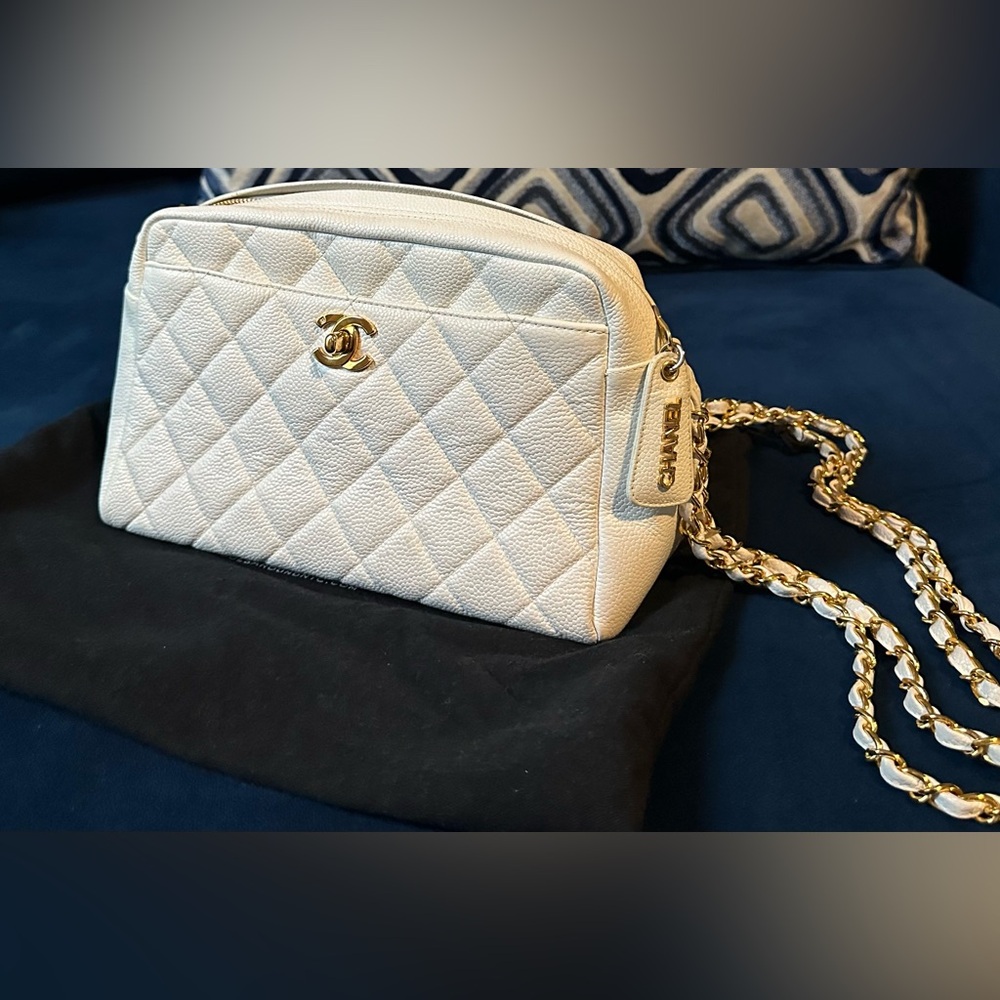 CHANEL Ivory Quilted Crossbody with Gold Chain